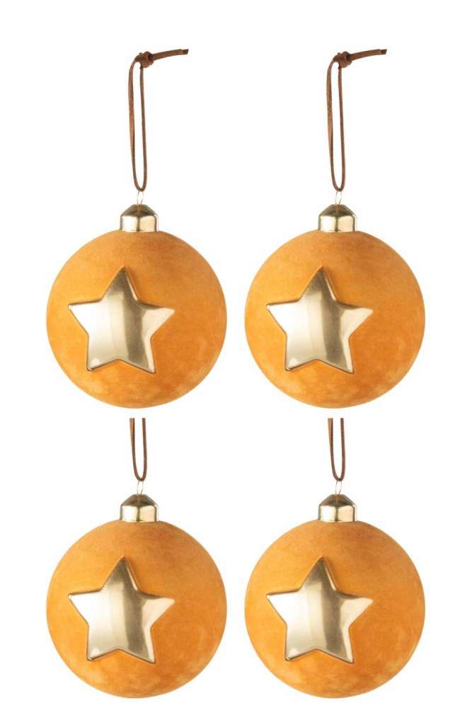 BOX OF 4 CHRISTMAS BAUBLES VELVET STAR GLASS OCHRE/GOLD MEDIUM