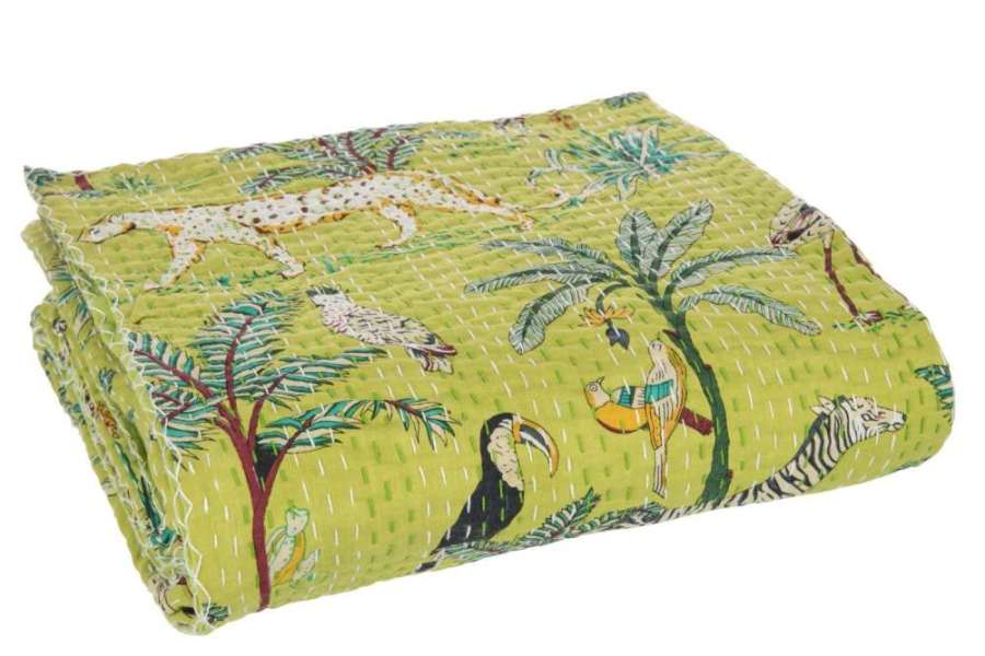 PLAID/BEACH MAT EXOTIC ANIMALS/PLANTS STITCHES COTTON GREEN LARGE