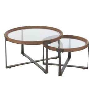 SET OF 2 COFFEE TABLES LUKI GLASS/FIR WOOD NATURAL/BLACK