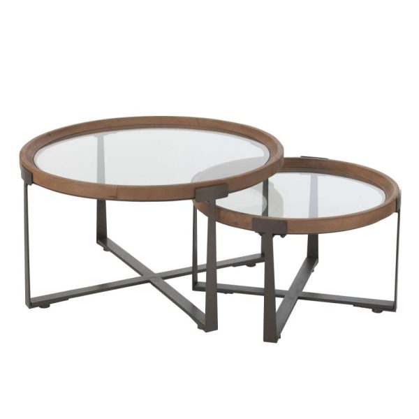 SET OF 2 COFFEE TABLES LUKI GLASS/FIR WOOD NATURAL/BLACK