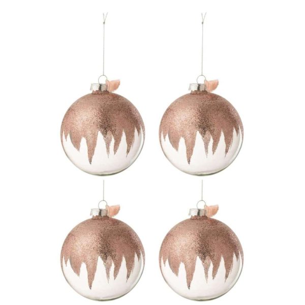 BOX OF 4 CHRISTMAS BAUBLES GLITTER MINI TASSEL PINK GLASS TRANSPARENT LARGE