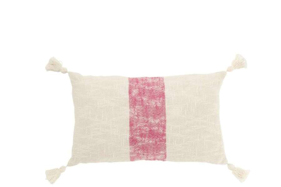 CUSHION RECTANGLE STRIPES+TASSELS COTTON WHITE/PINK