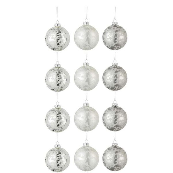 BOX OF 12 CHRISTMAS BAUBLES 4+4+4 SUGAR GLASS MATTE GREY/MATTE WHITE/SHINING SILVER SMALL