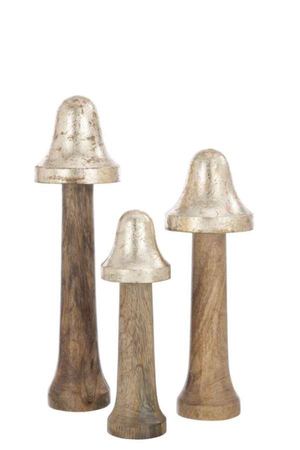SET OF 3 MUSHROOMS THIN WOOD NATURAL/GOLD