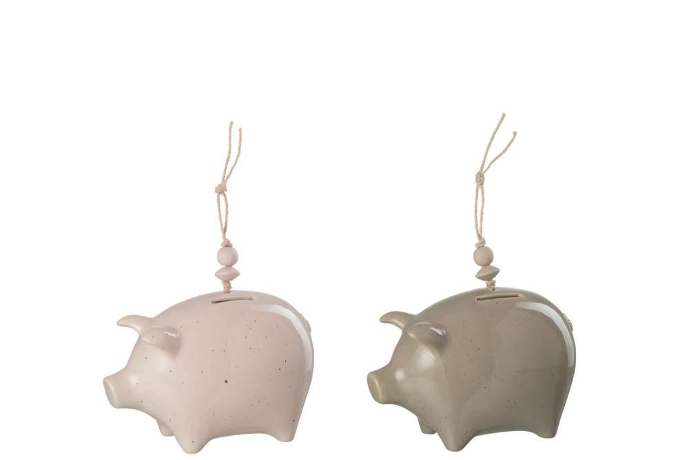MONEYBOX PIG CERAMIC GREY/PINK SMALL ASSORTMENT OF 2