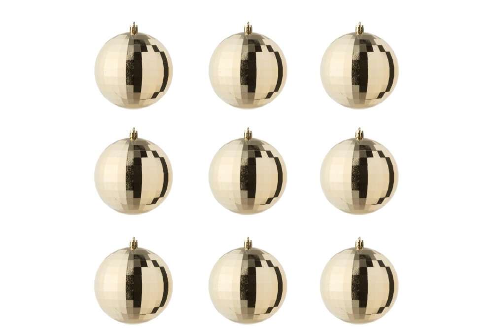 BOX OF 9 CHRISTMAS BAUBLE DISCO PLASTIC GOLD COLORED