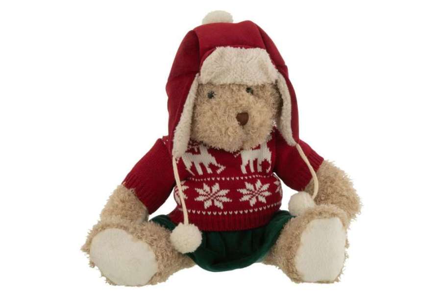 BEAR GIRL CHRISTMAS SWEATER+HAT TEXTILE BEIGE/RED LARGE