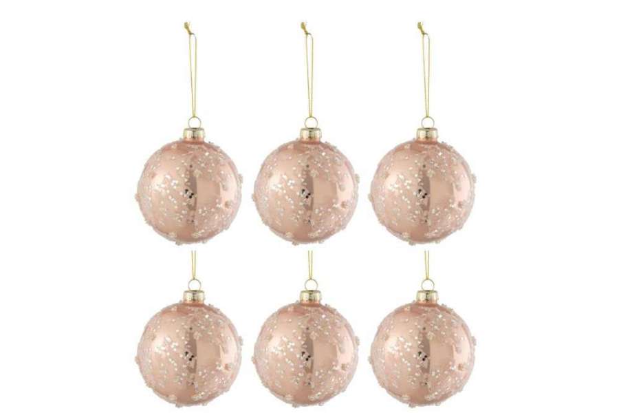 BOX OF 6 CHRISTMAS BAUBLES SUGAR/SILVER GLITTER GLASS MATTE/SHINY LIGHT PINK SMALL