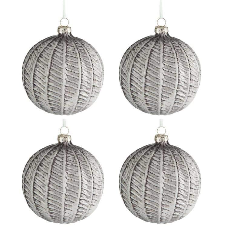 BOX OF 4 BAUBLE ROUND PRINT GLASS GREEN/BEIGE LARGE 10CM