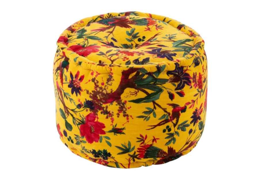 POUF ROUND BIRDS/FLOWERS COTTON VELVET YELLOW