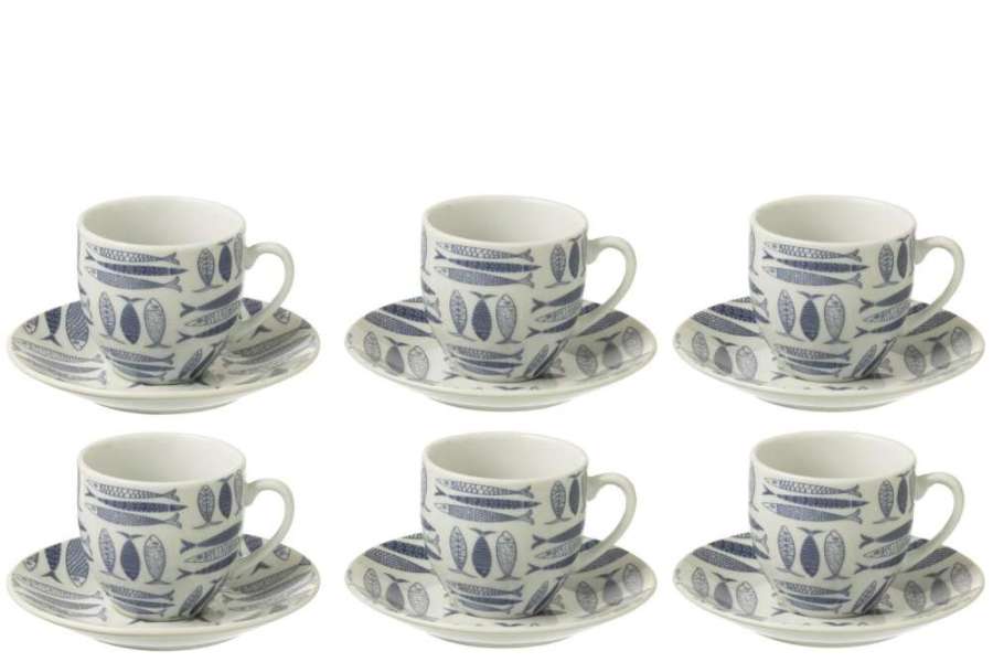 BOX OF 6 COFFEE CUP+SAUCER FISH CERAMICS DARK BLUE