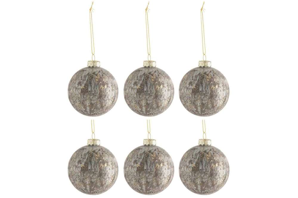 BOX OF 6 CHRISTMAS BAUBLES VELVET GLASS ANTIQUE GREY/GOLD SMALL