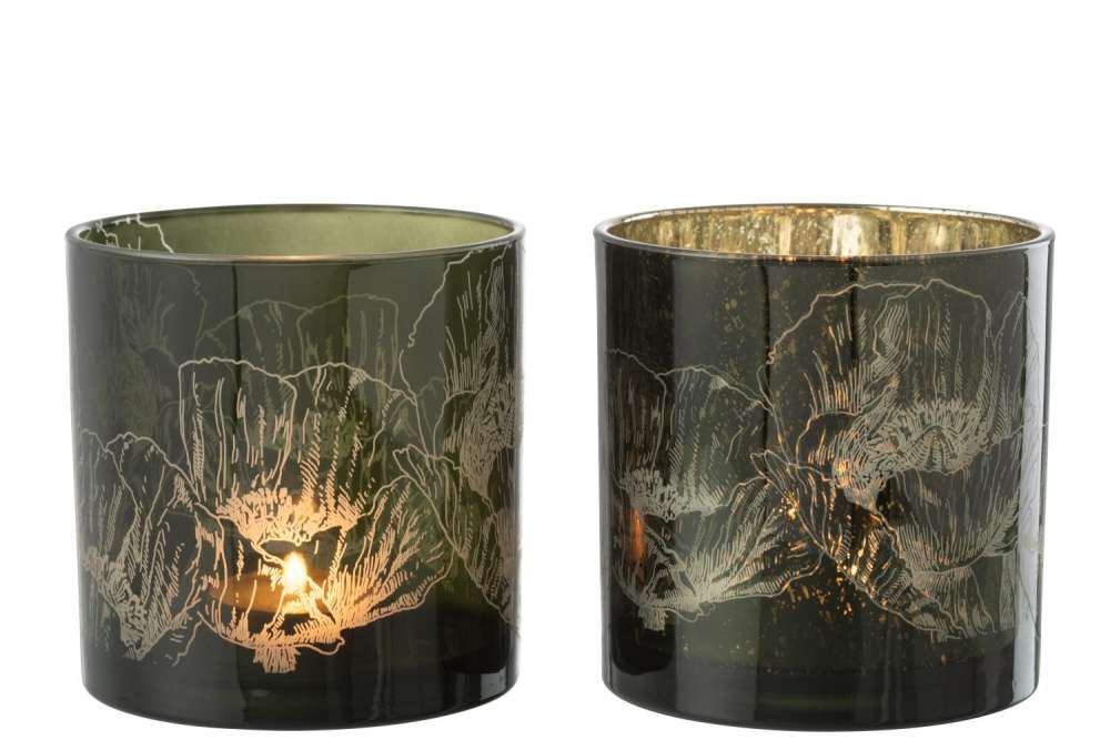 HURRICANE FLOWERS GLASS KAKHI GREEN/ANTIQUE KAKHI GREEN LARGE ASSORTMENT OF 2