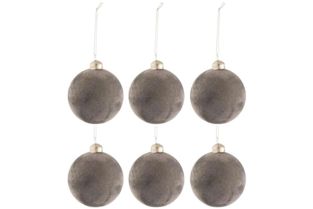 BOX OF 6 CHRISTMAS BAUBLES VELVET GLASS GREY SMALL