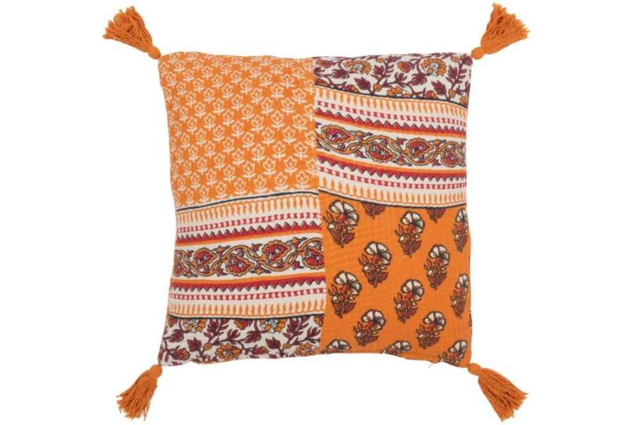 CUSHION FLOWERS+TASSELS COTTON ORANGE