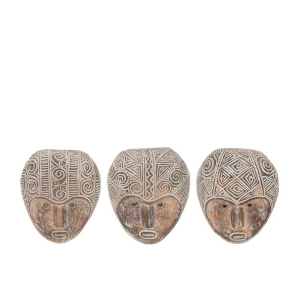WALL DECORATION MASK PRIMITIVE ALBASIA WOOD BROWN/WHITE ASSORTMENT OF 3