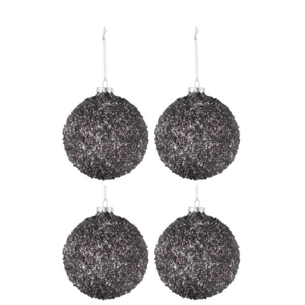 BOX OF 4 CHRISTMAS BAUBLES GLITTER GLASS ANTHRACITE GREY MEDIUM