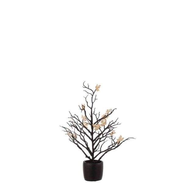 TREE BARE+LEAVES IN POT GLITTER PLASTIC BLACK/GOLD SMALL
