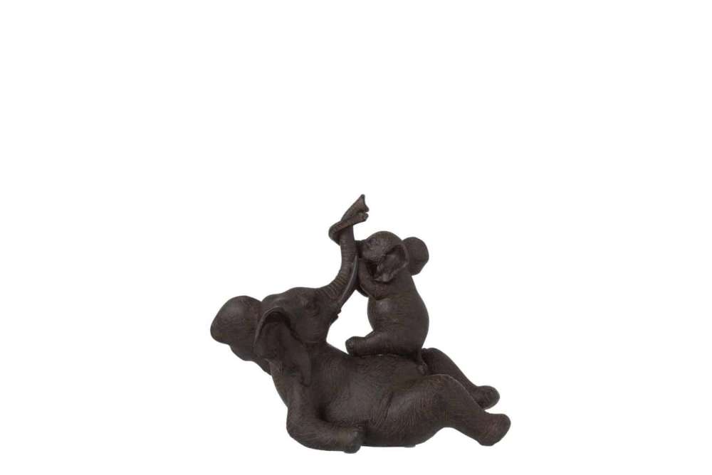ELEPHANT LYING WITH CHILD ON BELLY POLYRESIN BROWN