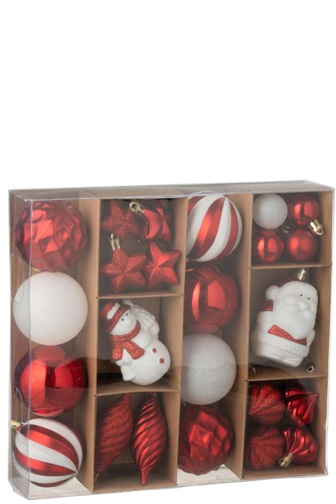 BOX OF 28 CHRISTMAS BAUBLE PLASTIC CHRISTMAS RED/WHITE