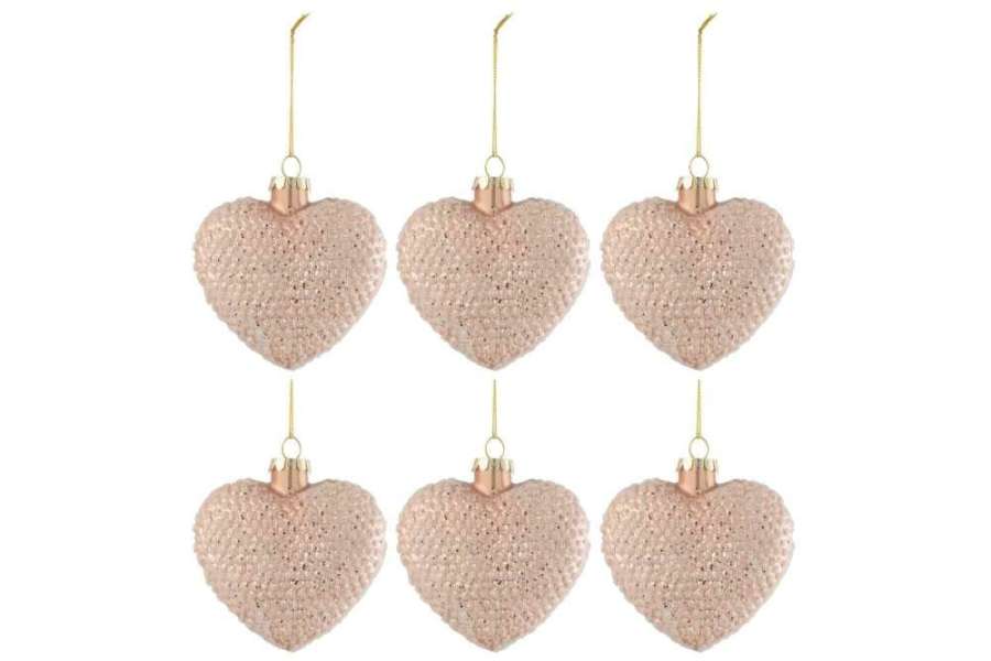 BOX OF 6 CHRISTMAS BAUBLES HEART GLITTER GLASS SHINY LIGHT PINK SMALL