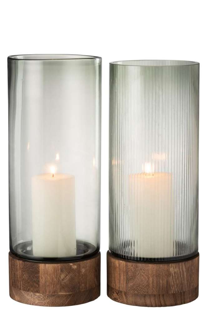 CANDLEHOLDER/VASE RAY GLASS/WILLOW WOOD GREY/NATURAL EXTRA LARGE ASSORTMENT OF 2
