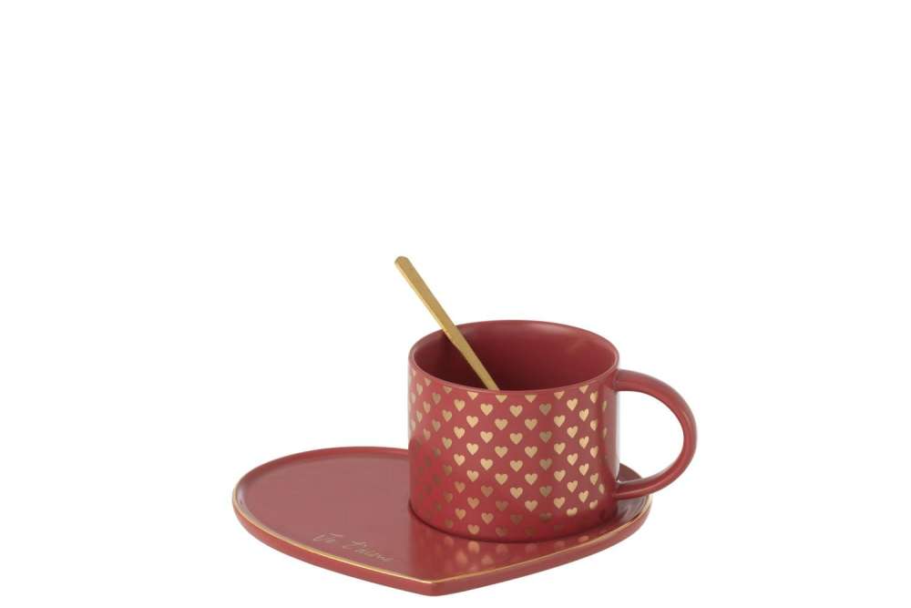MUG+SAUCER+SPOON HEART CERAMIC RED