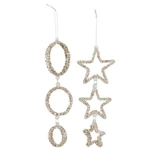 HANGER CIRCLE/STAR GLASS GLITTER CHAMPAGNE ASSORTMENT OF 2
