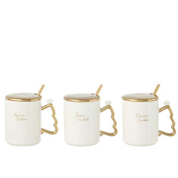 MUG+SPOON XMAS CERAMIC WHITE/GOLD ASSORTMENT OF 3