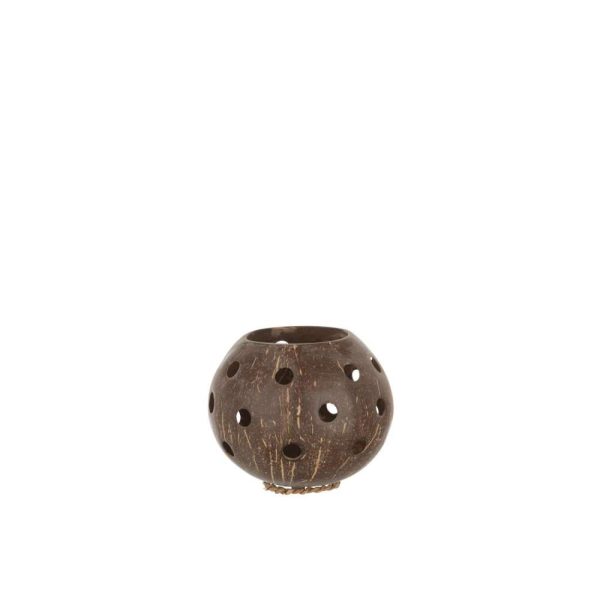 TEALIGHT HOLDER COCONUT HOLES BROWN LARGE