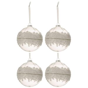 BOX OF 4 CHRISTMAS BAUBLES SUGAR MIDDLE DIAMONDS LINE GLASS CLEAR LARGE