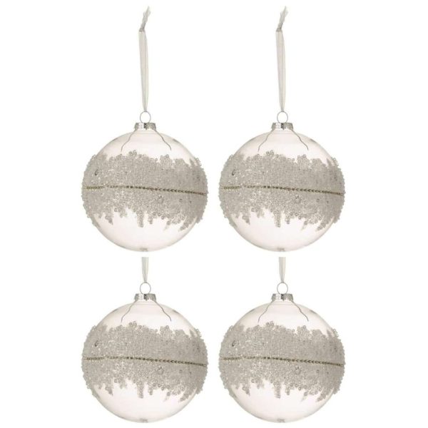 BOX OF 4 CHRISTMAS BAUBLES SUGAR MIDDLE DIAMONDS LINE GLASS CLEAR LARGE