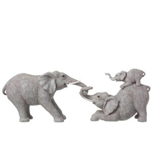 ELEPHANTS PULLING WITH CHILD POLYRESIN GREY
