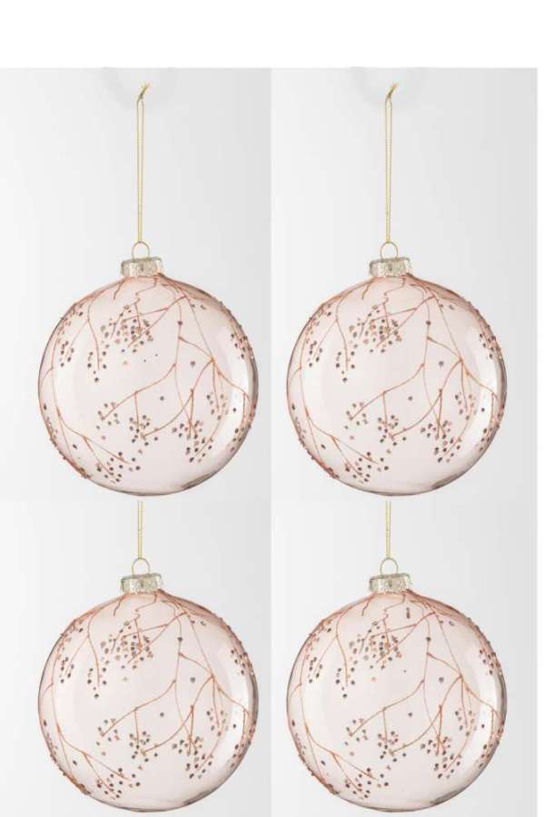 BOX OF 4 CHRISTMAS BAUBLE BRANCHES GLASS LIGHT PINK LARGE