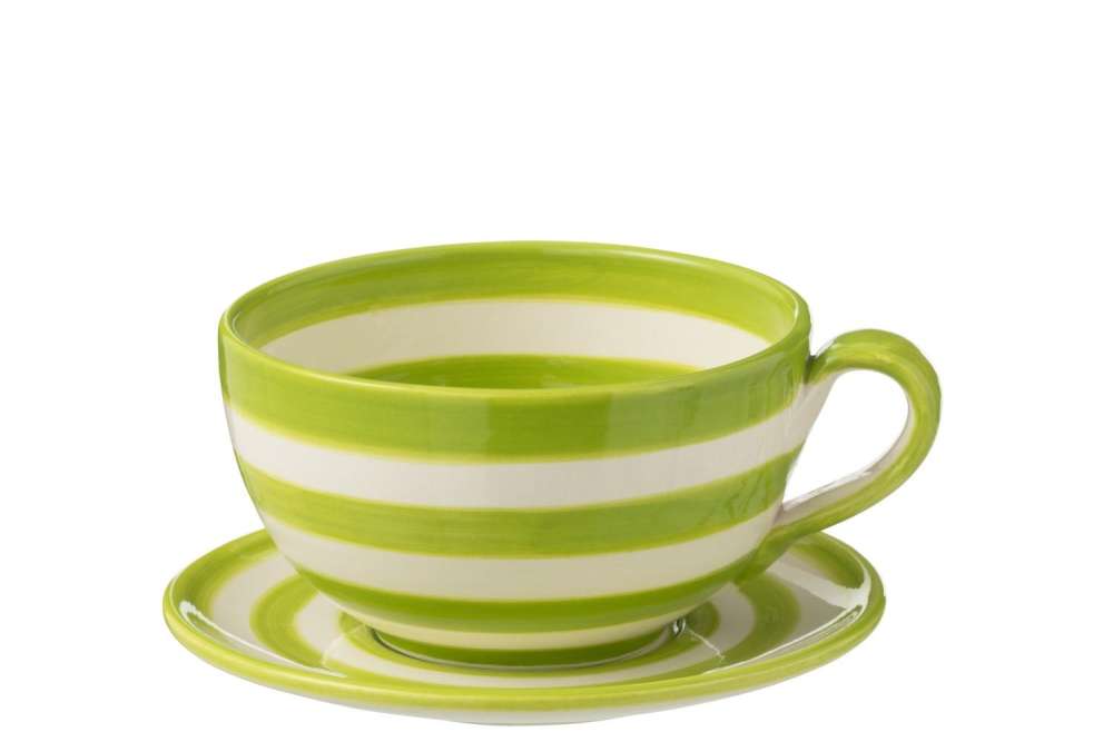 CUP+PLATE GRANADA STRIPES CERAMIC WHITE/GREEN