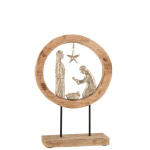 NATIVITY SCENE IN RING ON FOOT ALUMINIUM/MANGO WOOD NATURAL/SILVER