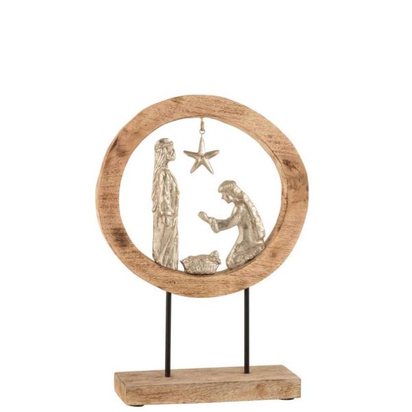 NATIVITY SCENE IN RING ON FOOT ALUMINIUM/MANGO WOOD NATURAL/SILVER