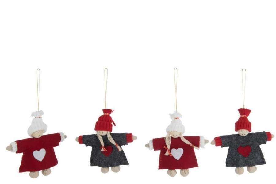 DOLL HANGER BOY/GIRL+ HAT WOOD/FELT RED/GREY ASSORTMENT OF 4