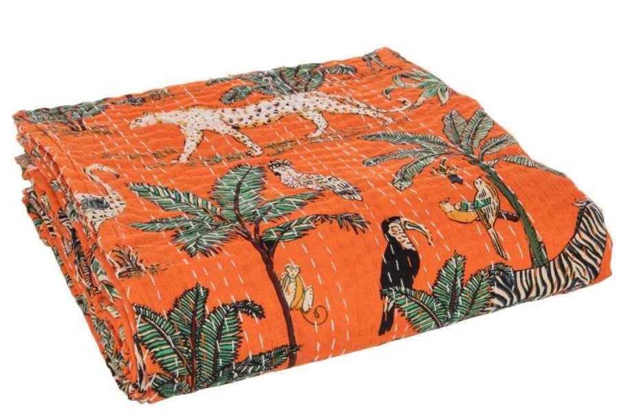 PLAID/BEACH MAT EXOTIC ANIMALS/PLANTS STITCHES COTTON ORANGE LARGE