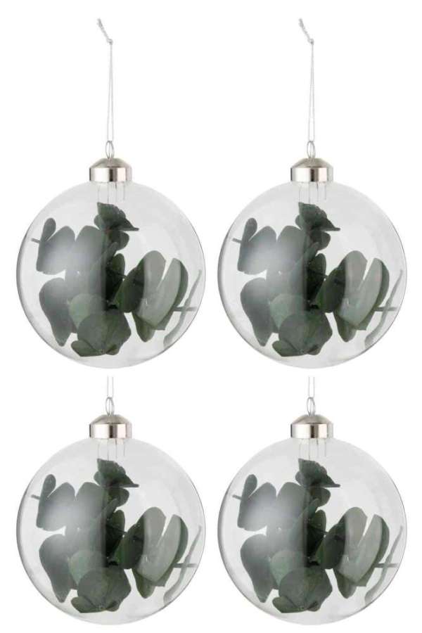 BOX OF 4 CHRISTMAS BAUBLES DRIED EUCALYPTUS GREEN GLASS TRANSPARENT MEDIUM