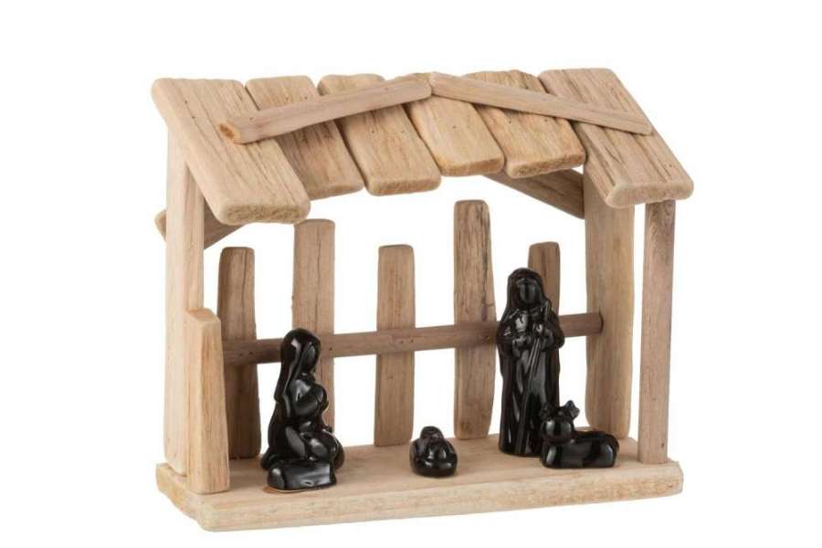 NATIVITY SCENE FLAT ROOF WOOD/CERAMIC NATURAL/BLACK