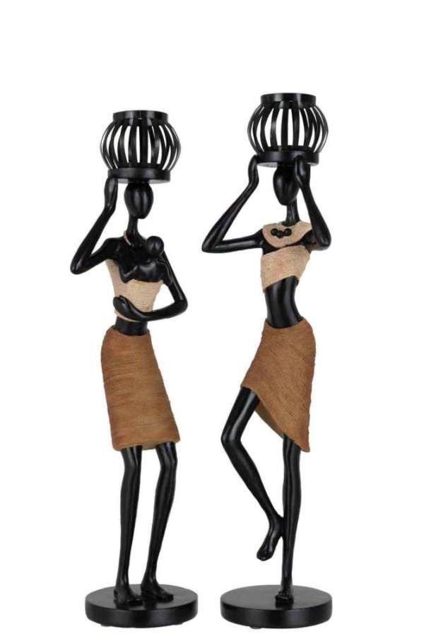 TEALIGHT HOLDER ON HEAD OF FIGURE ETHNIC POLY BROWN ASSORTMENT OF 2