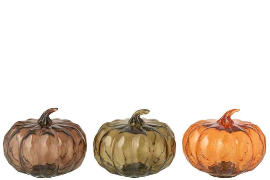 PUMPKIN LED GLASS COGNAC/OLIVE ASSORTMENT OF 3