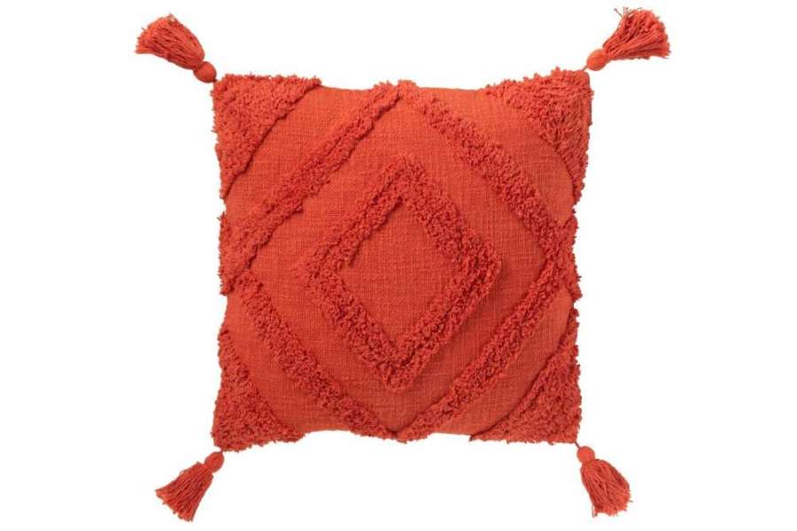 CUSHION TUFTED PATTERN+TASSELS COTTON BRICK RED