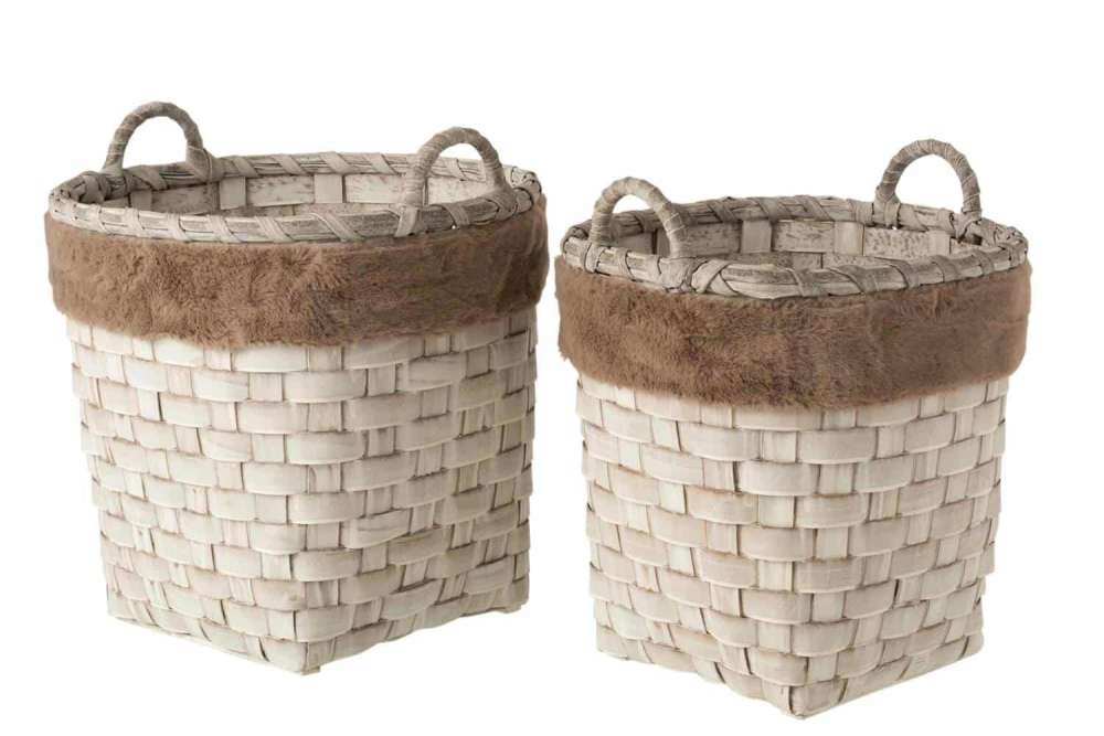 SET OF 2 BASKETS ROUND WITH HANDLES IMITATION FUR DETACHABLE RATTAN FLAT BROWN