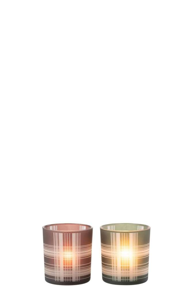 TEALICHT HOLDER CHECK GLASS MAT BROWN/GREEN SMALL ASSORTMENT OF 2