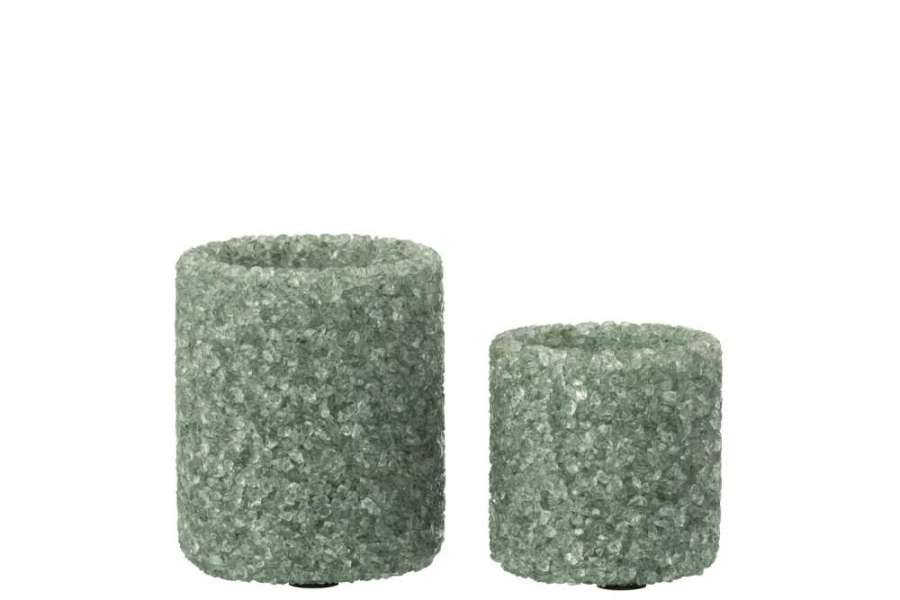 SET OF 2 TEALIGHT HOLDER STONE GLASS DARK GREEN