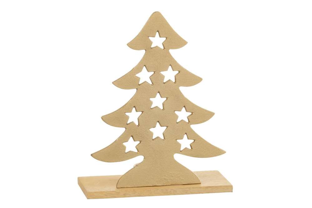 TEALIGHT HOLDER CHRISTMAS TREE ALUMINIUM/WOOD NATURAL/GOLD LARGE