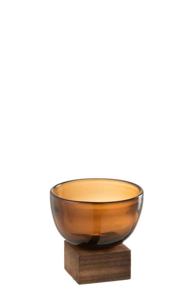 VASE ON FOOT WIDE GLASS/WOOD BROWN SMALL