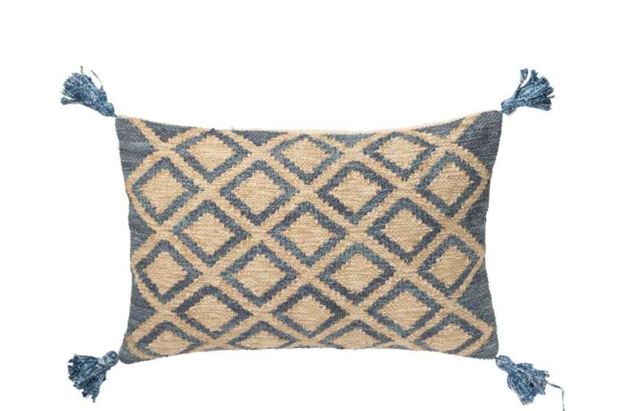 CUSHION RECTANGLE LOZENGE PATTERN JUTE/COTTON NATURAL/BLUE